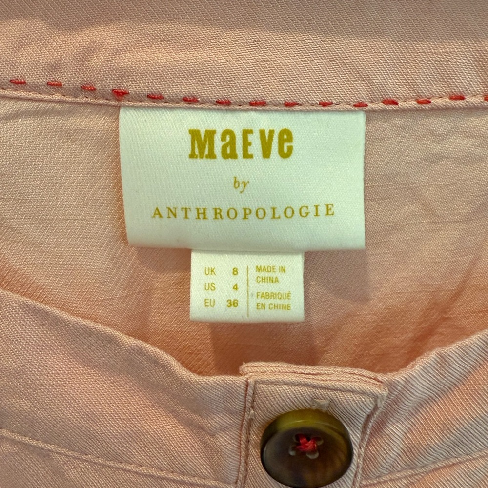 Anthropologie Maeve Belted Blouse Linen Blend Off Shoulder Button Pink US Size 4 - Picture 4 of 9